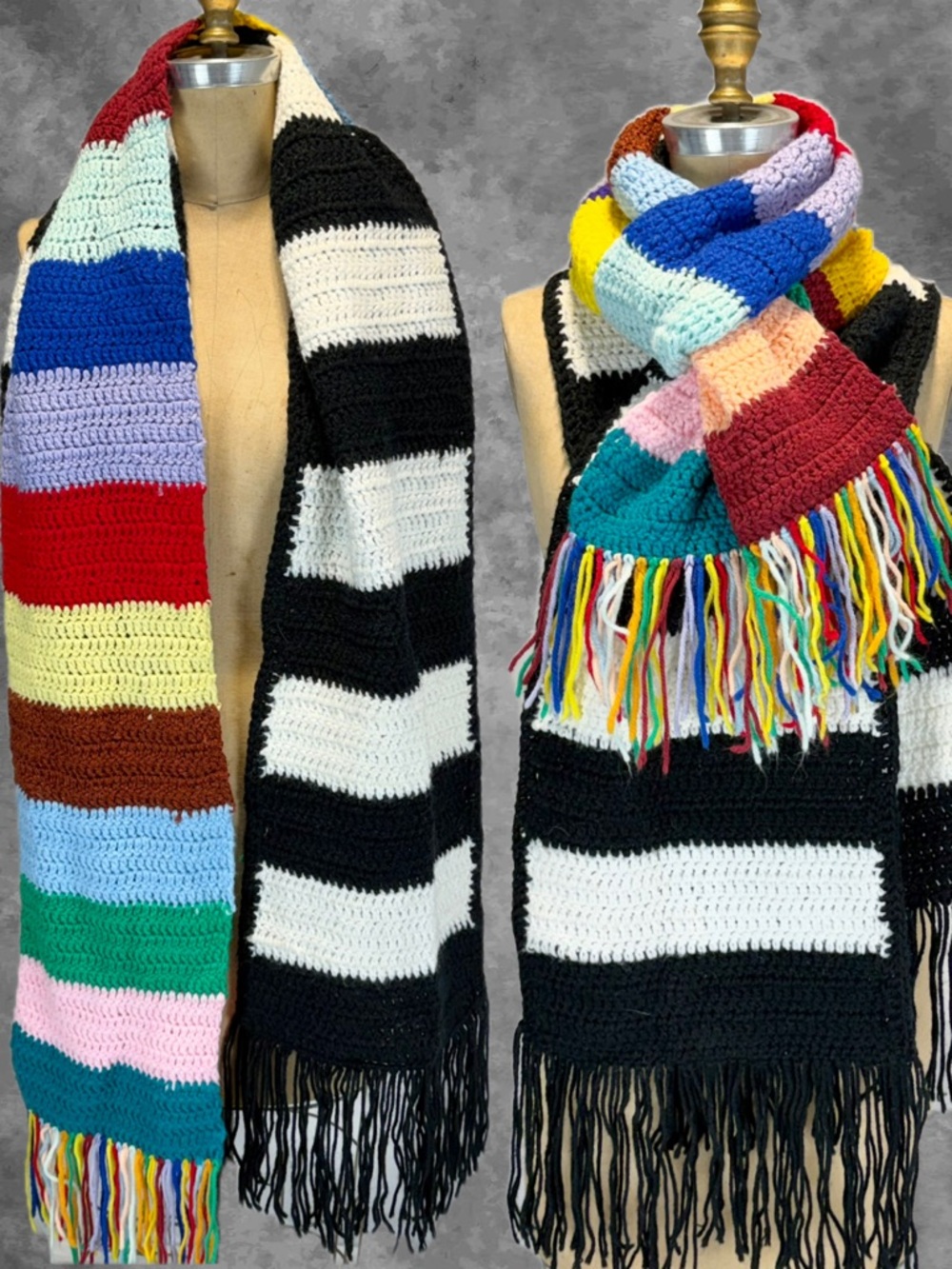 Crochet‎ scarf set long fringe rainbow multicolor black white stripe bold funky